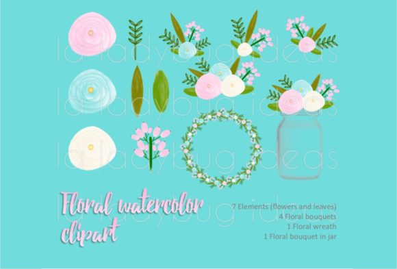 Pink and Aqua Watercolor Floral Clipart